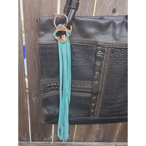 Handmade boho buffalo Leather Fringe Western bag charm, Long fringe keychain - Picture 4 of 5